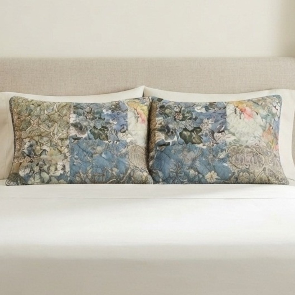 Pottery Barn neena patchwork floral Pillow Shams Quilted Cotton Blue Euro shabby